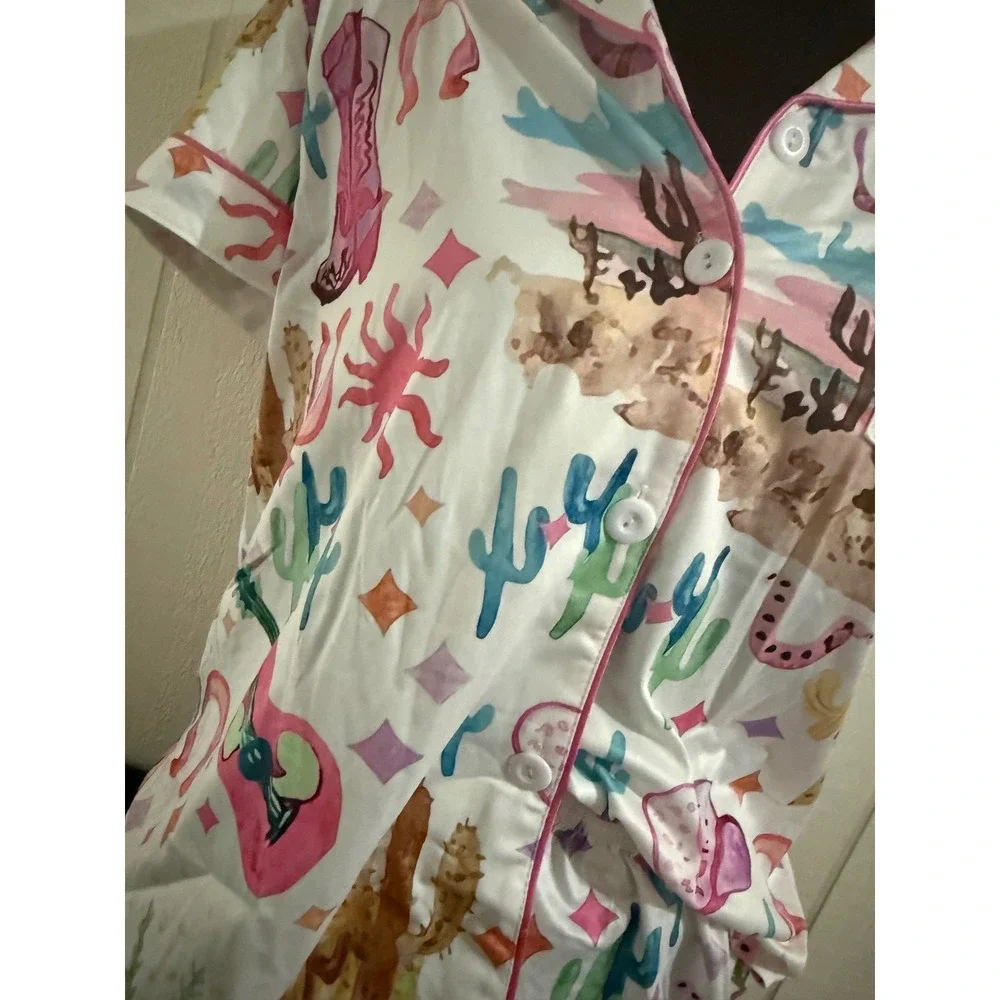 NIB Western Desert Pajama Set Short Sleeve Button Down Shorts Pastel Small
